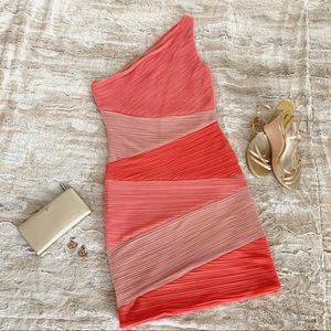 BCBG ruched cocktail dress, M, peach/pink/neutral